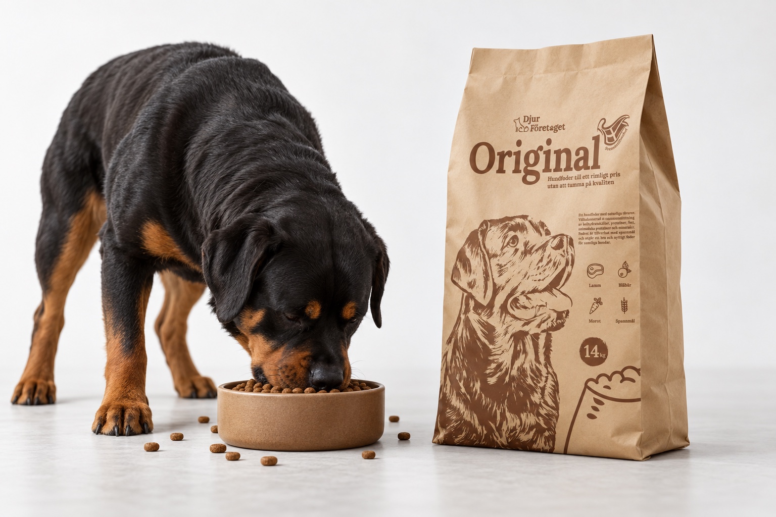 En rottweiler som äter ur en skål bredvid Djur Företagets säck Original (mockup)