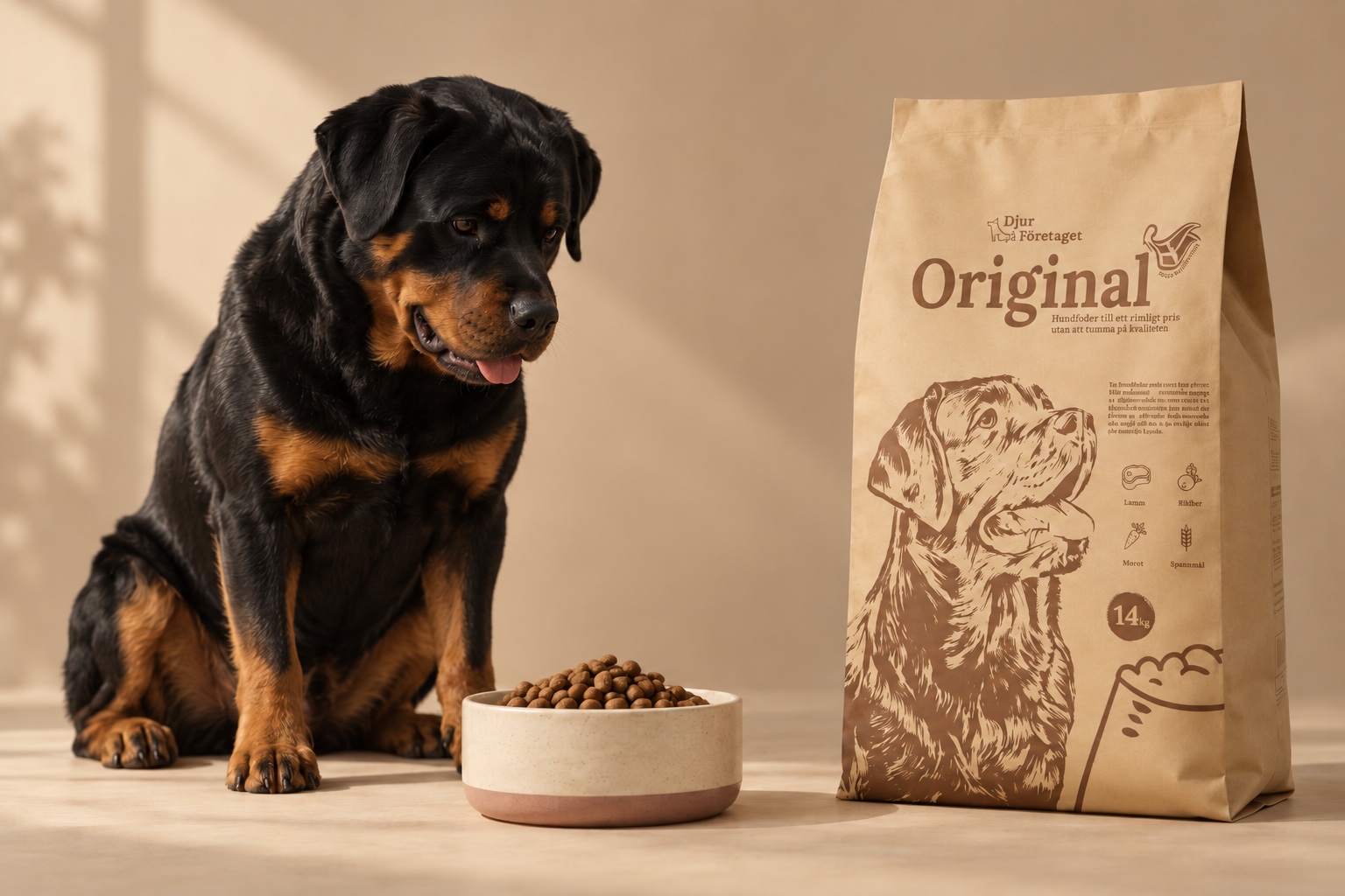 En rottweiler som väntar vid en full skål bredvid Djur Företagets säck Original (mockup)