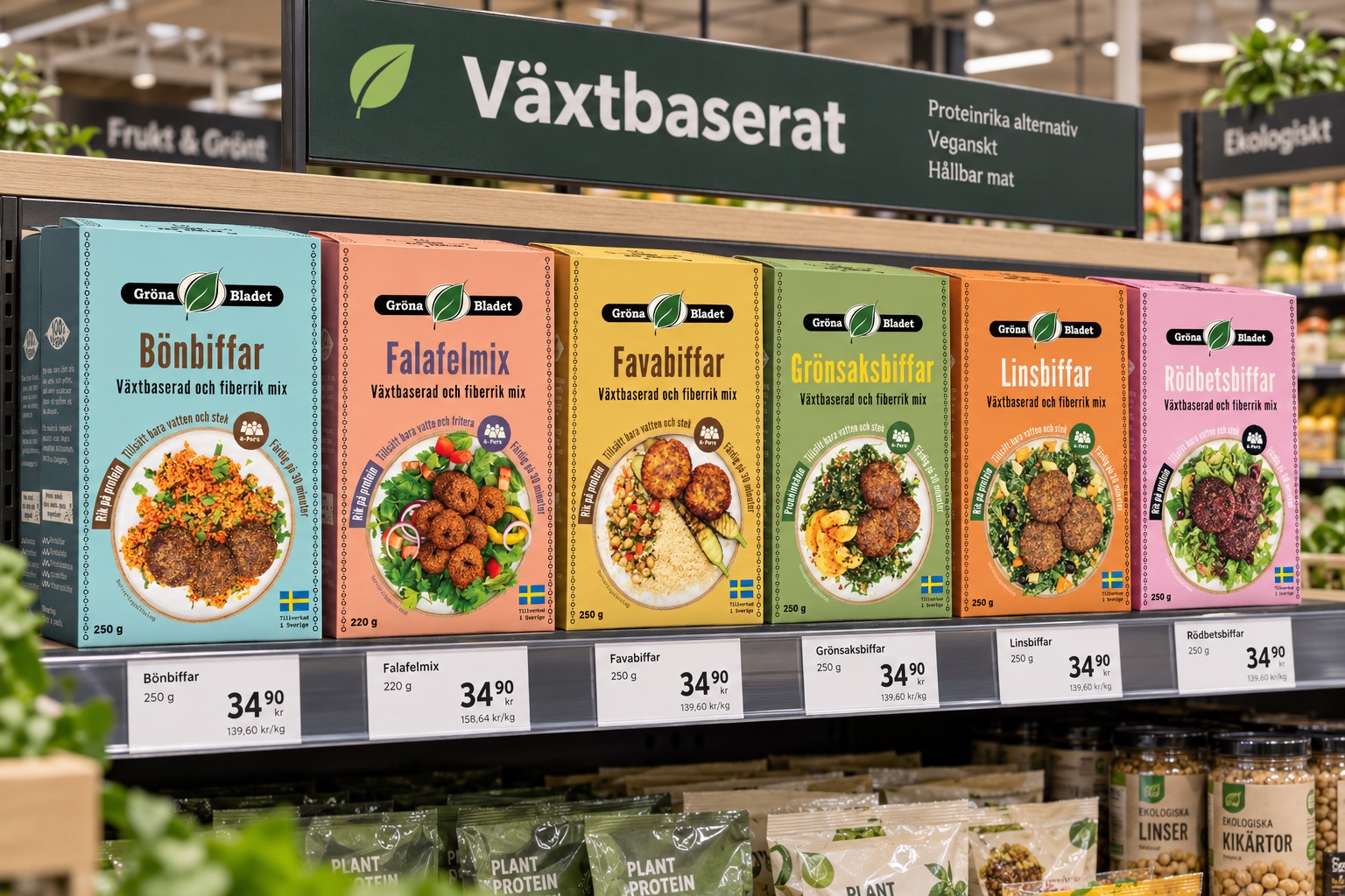 De sex Vegomixer-förpackningarna på en hylla i en livsmedelsbutik (mockup)