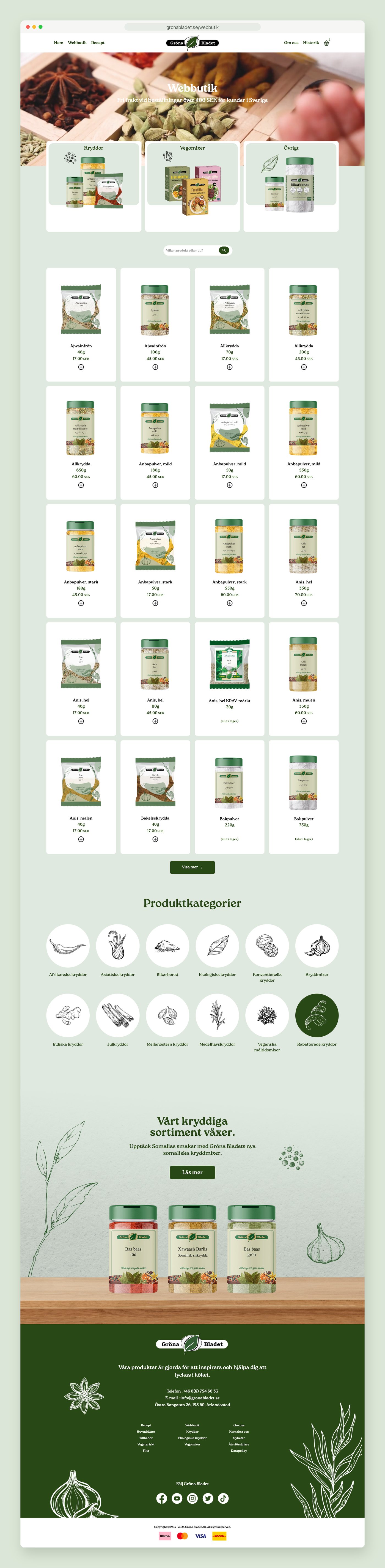 Hela webbshopsidan för Gröna Bladet med produktrutnät och kategoriikoner