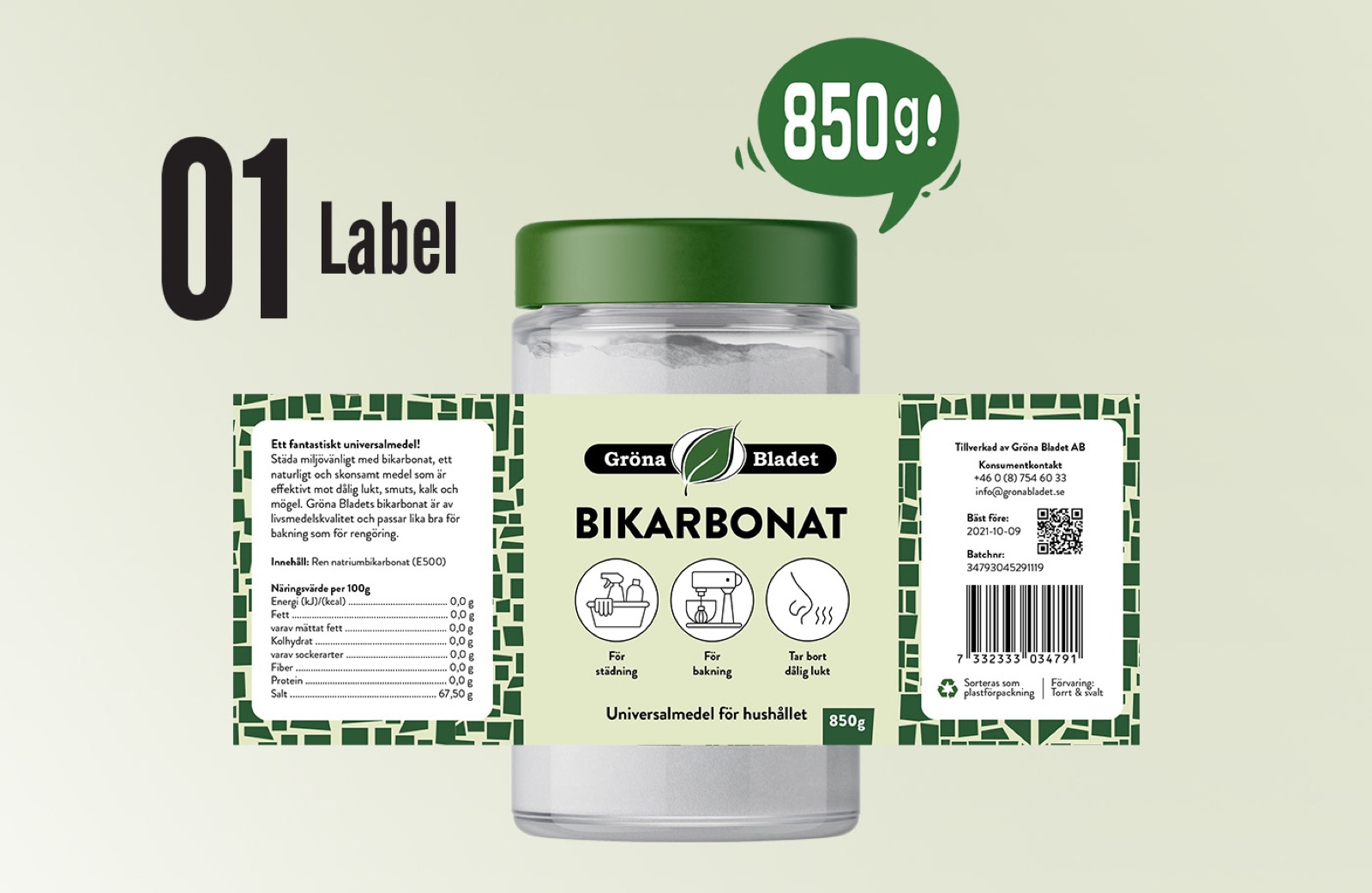 Hela etiketten för Gröna Bladet Bikarbonat utbredd platt runt burken på 850 g