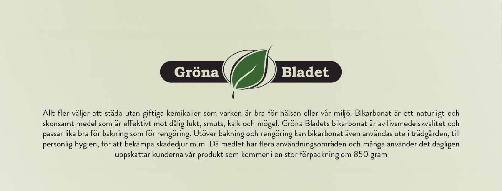 Gröna Bladets logotyp med produktpresentationen för bikarbonaten