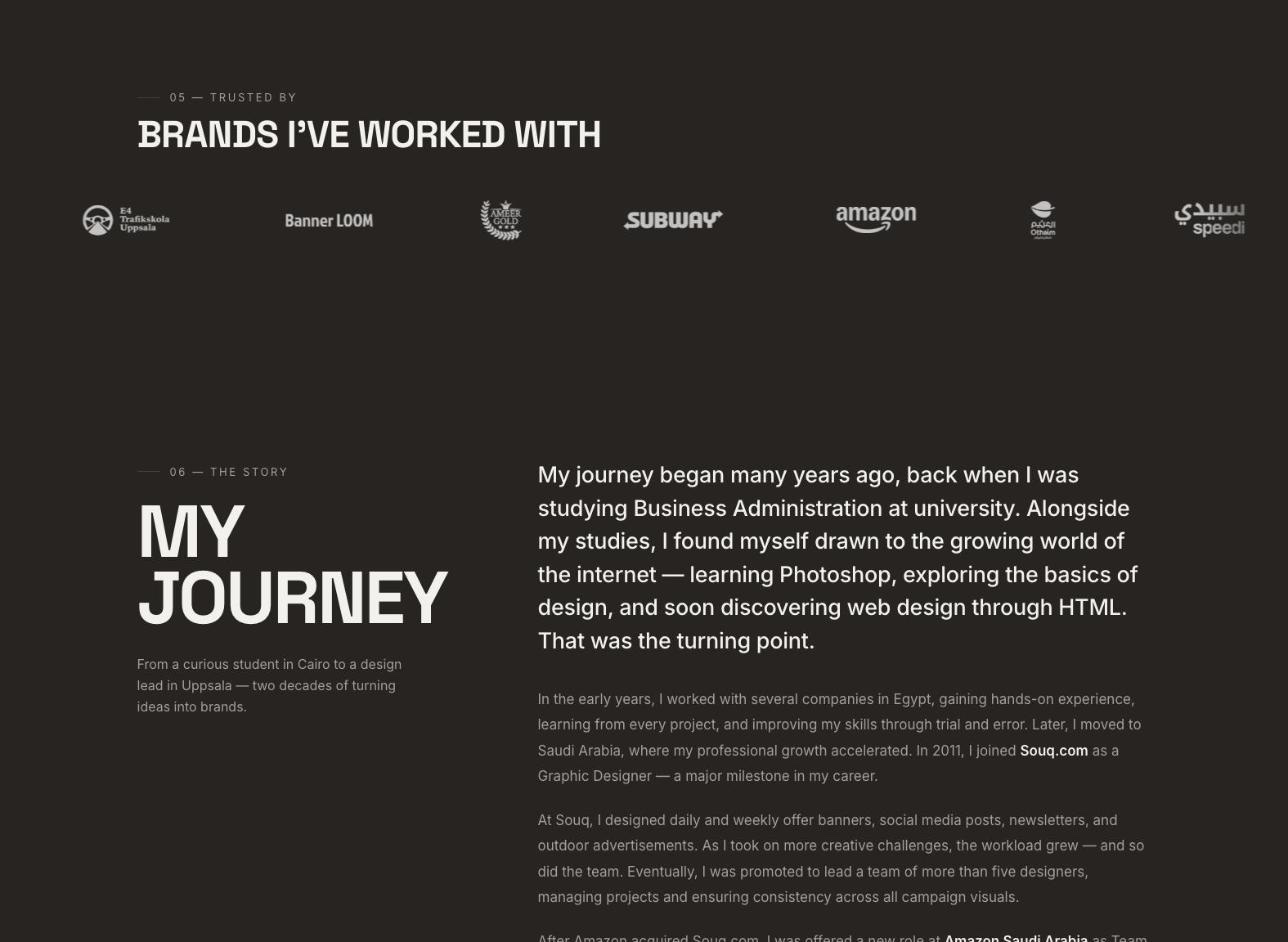 Logotypslingan och sektionen My Journey på khaledmamdouh.se