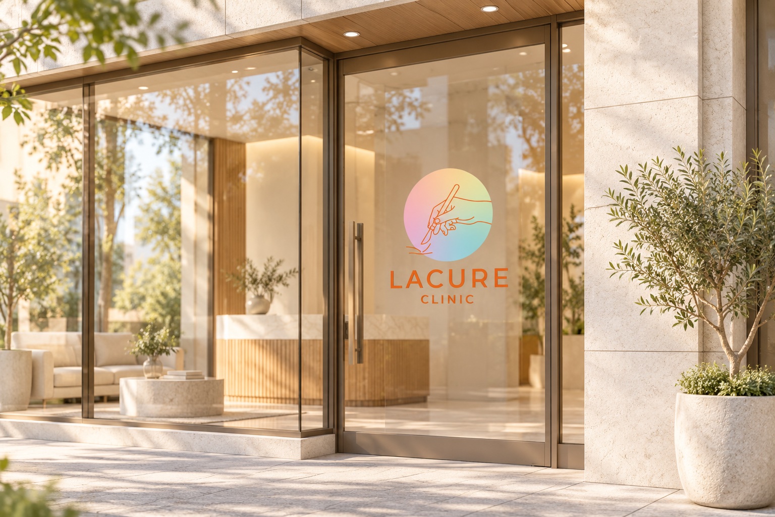 Lacure Clinics logotyp på glasdörren vid entrén (mockup)