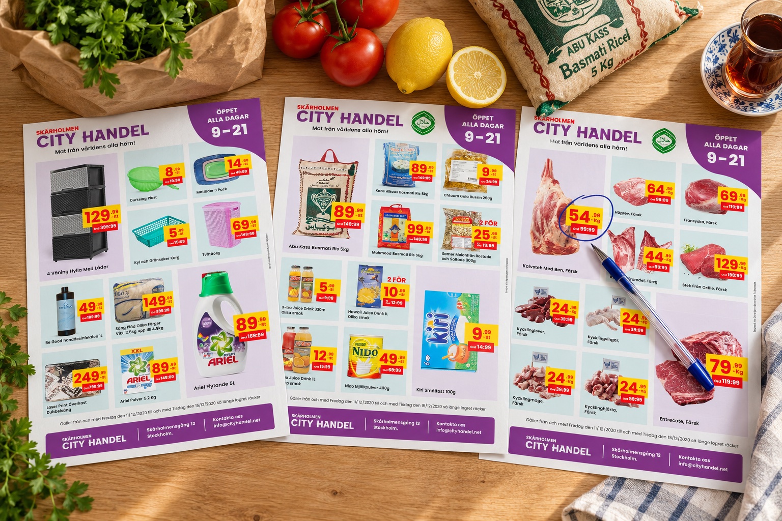 Skärholmen City Handels veckoblad på ett köksbord med matvaror (mockup)