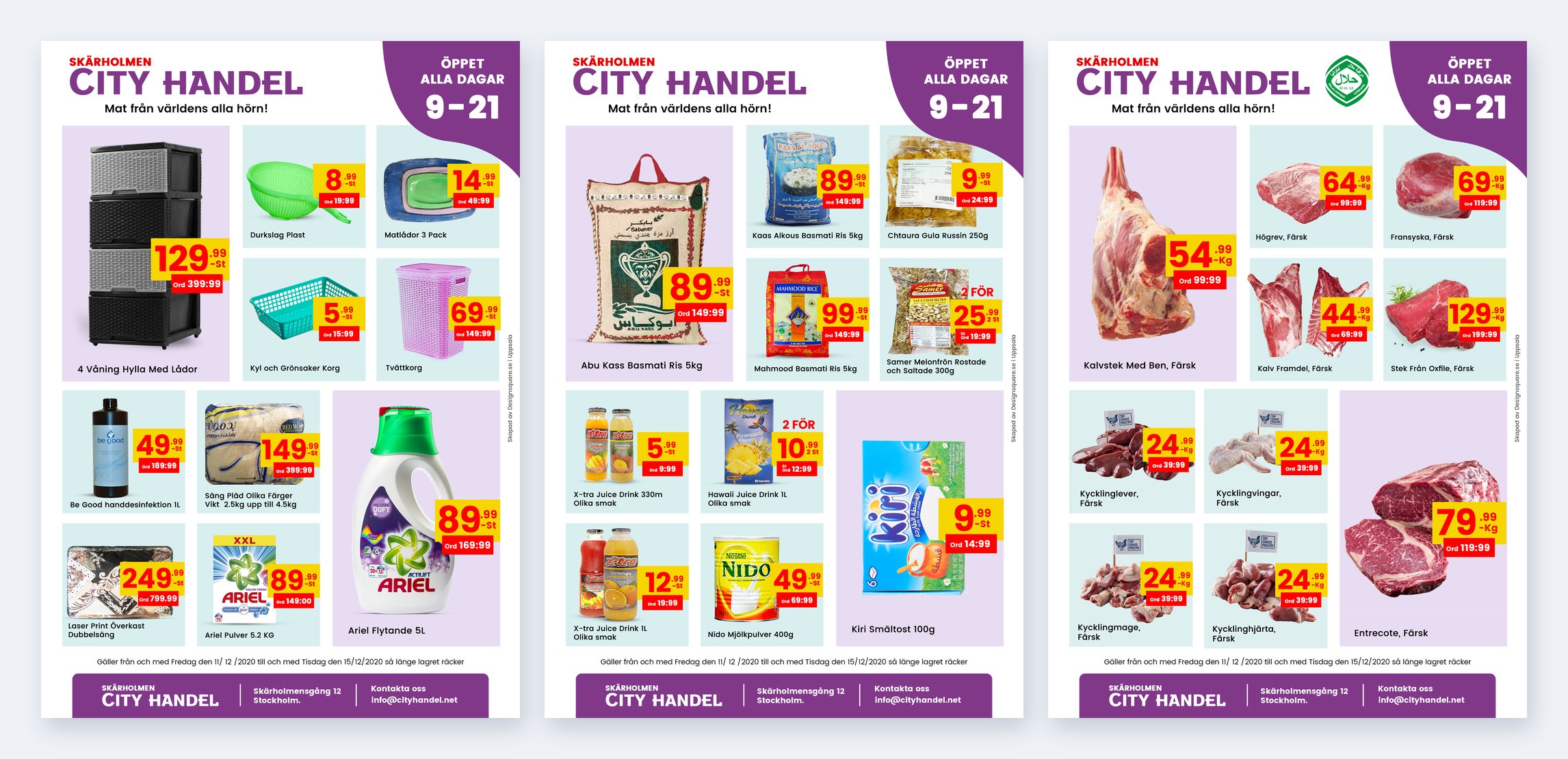 Tre av Skärholmen City Handels veckoblad från december 2020