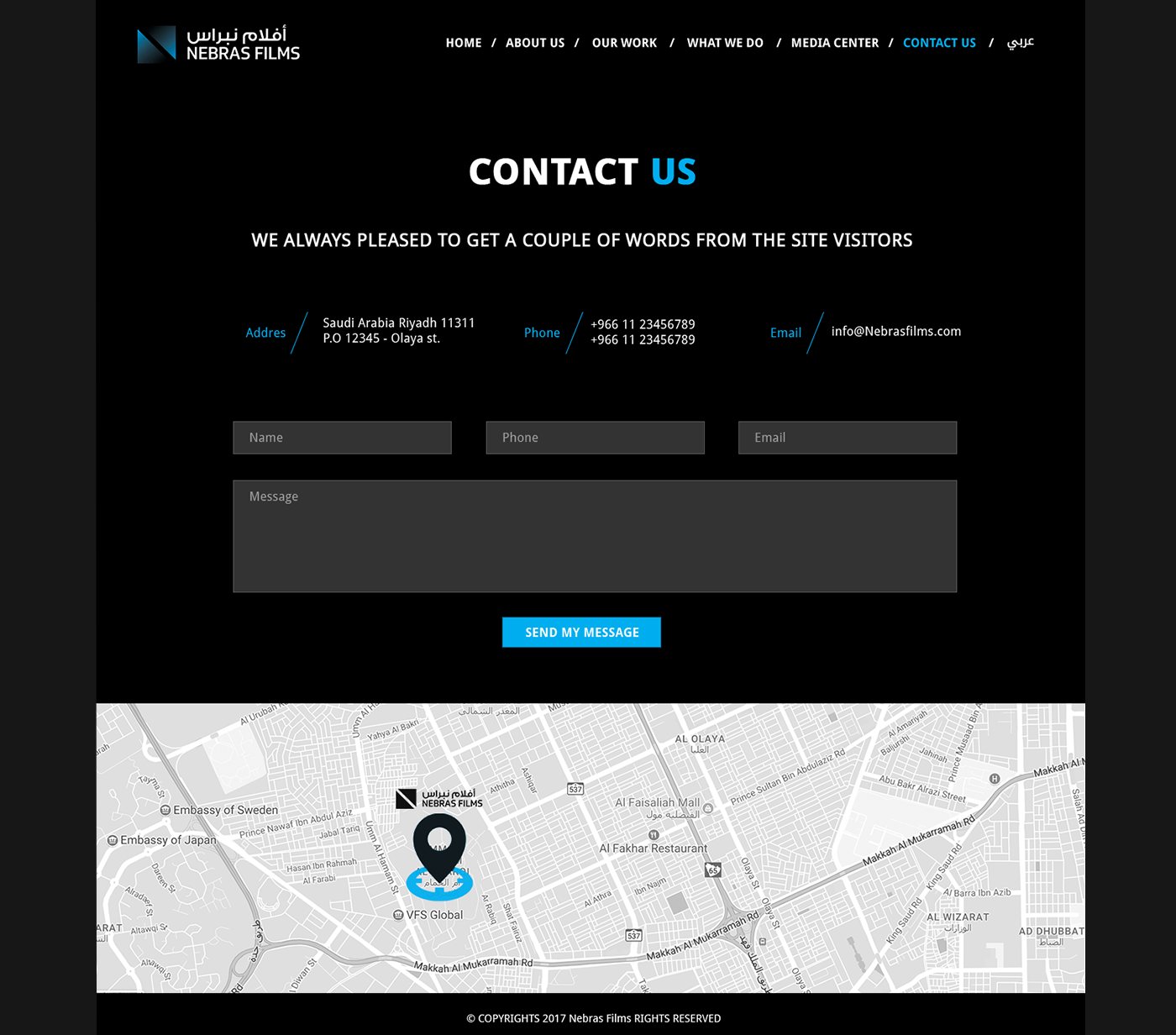 Sidan Contact us på Nebras Films med ett formulär och en karta över Riyadh