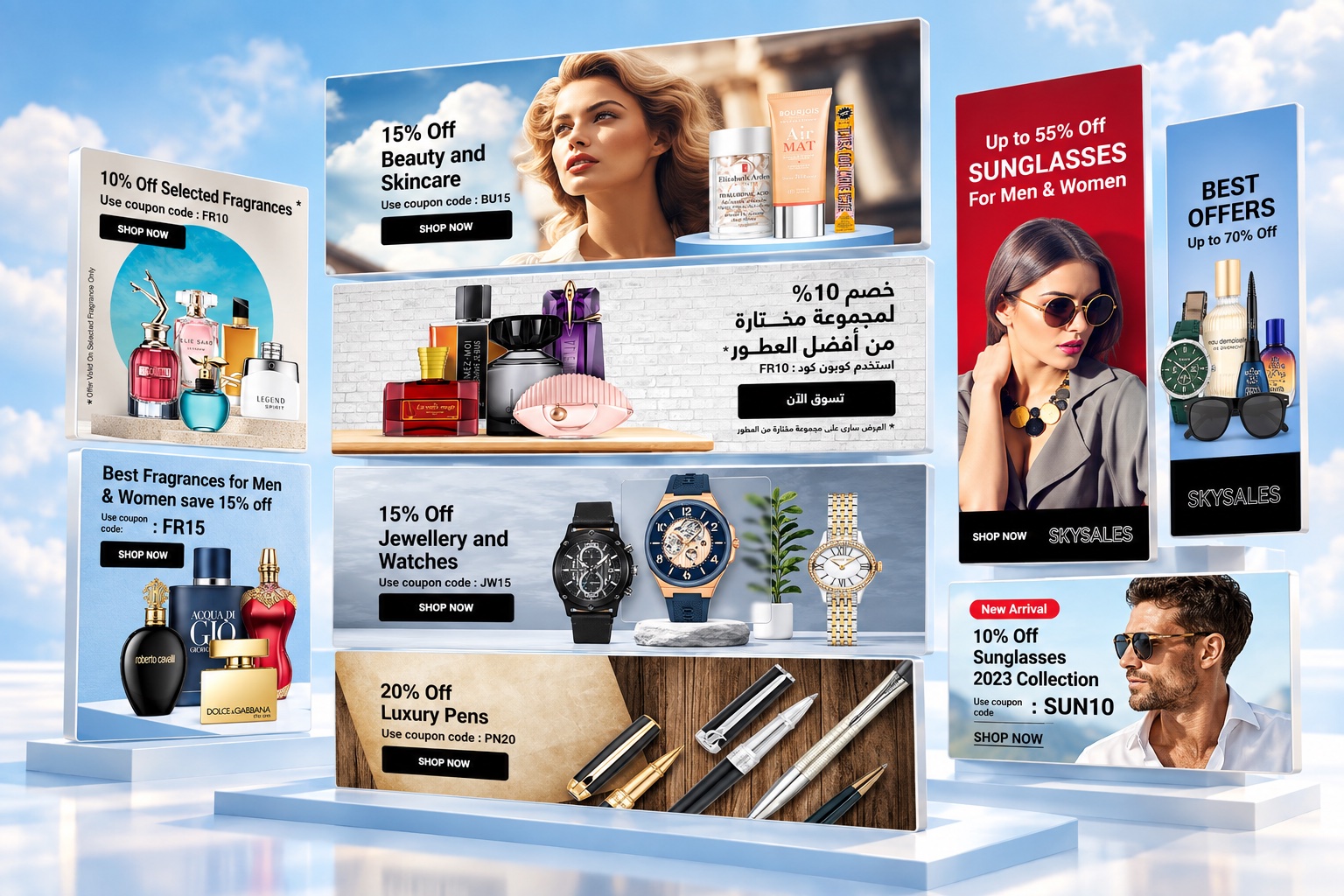En samling Skysales kampanjbanners i olika storlekar (mockup)