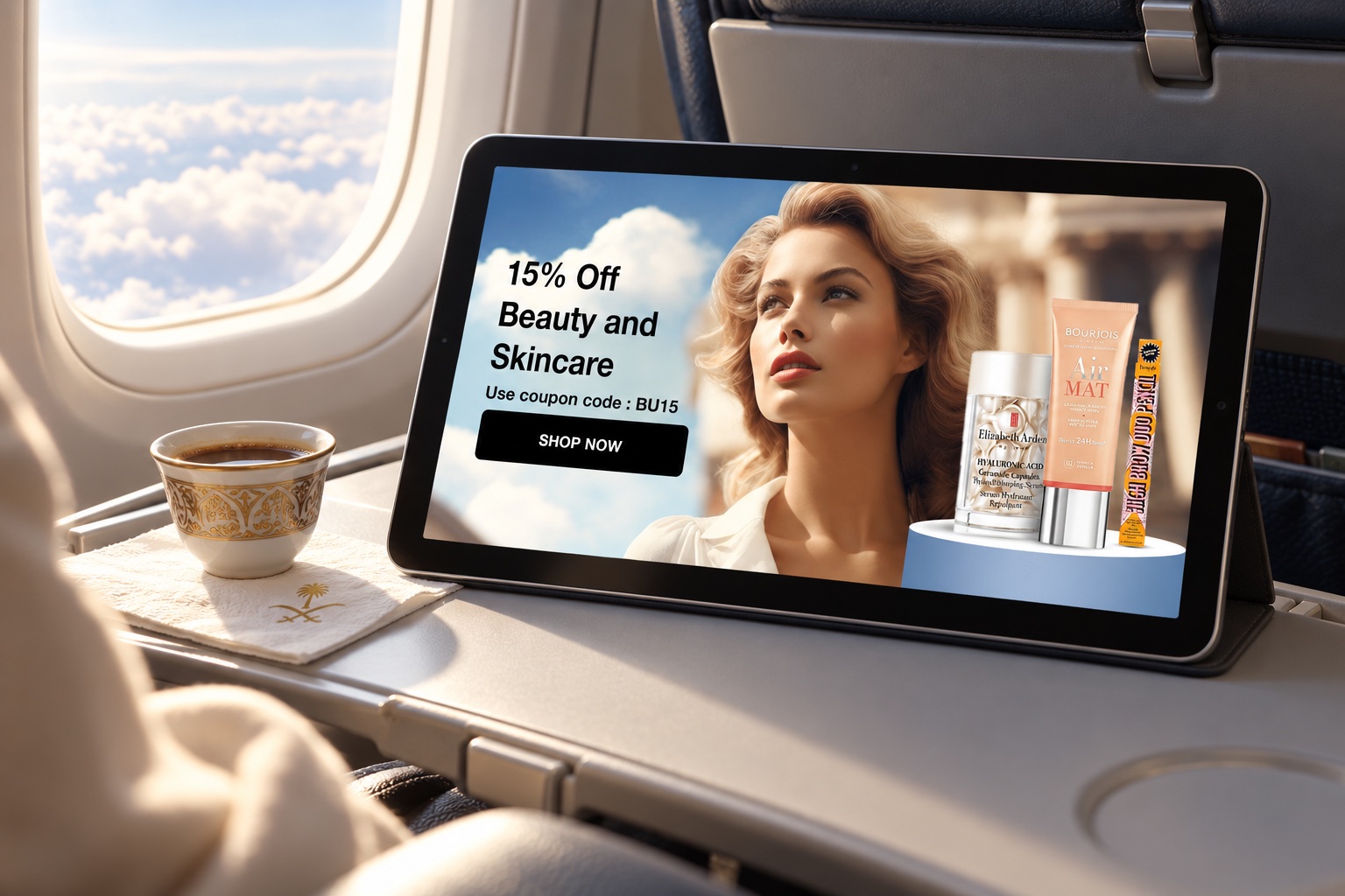 Skysales banner för Beauty and Skincare på en surfplatta på ett flygplansbord (mockup)
