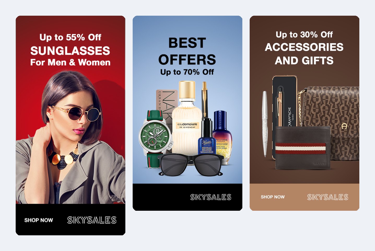 Tre höga Skysales-displayannonser för solglasögon, accessoarer och bästa erbjudanden