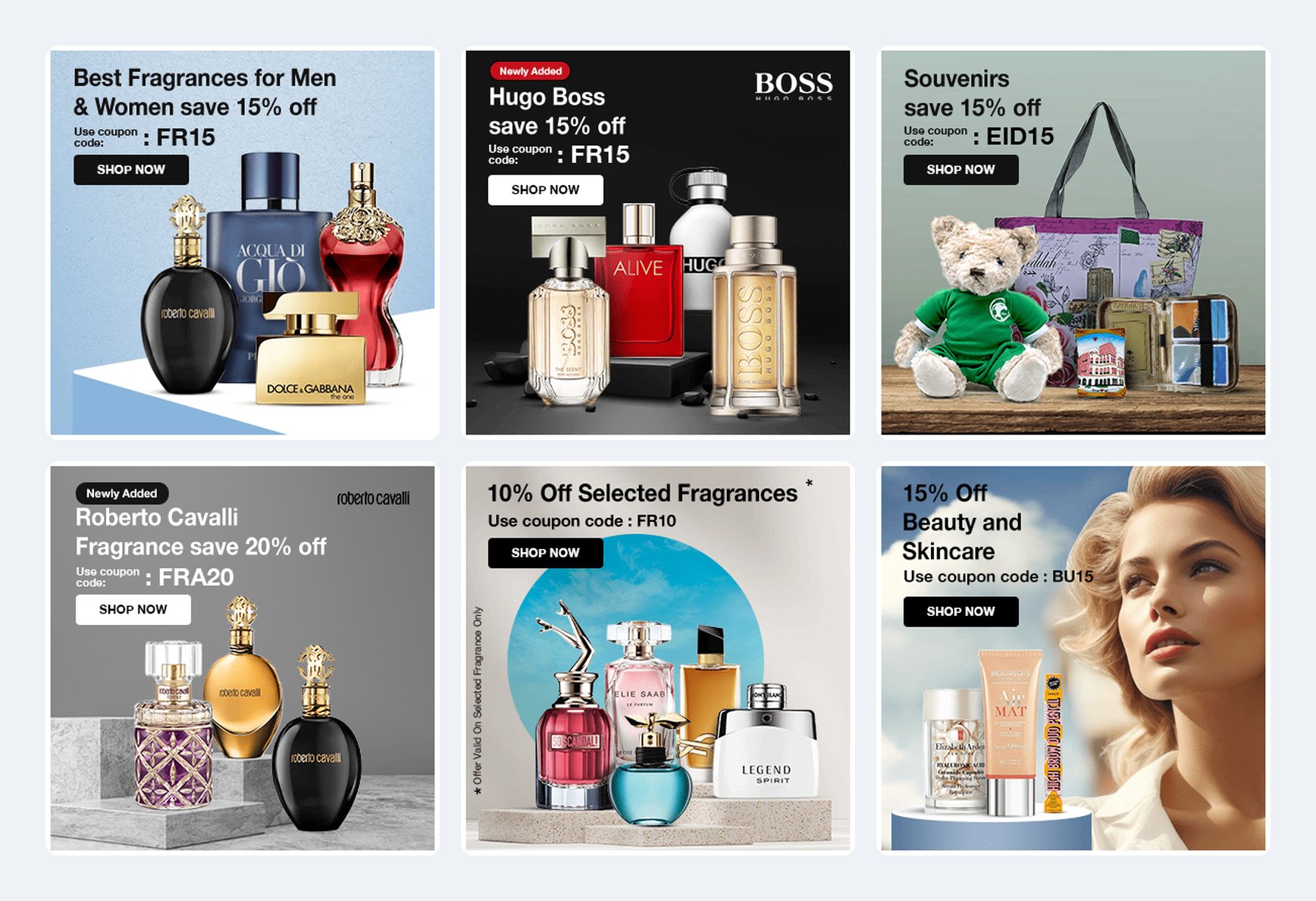 Sex kvadratiska Skysales-banners för mobil: skönhet, dofter, Roberto Cavalli, Hugo Boss och eidsouvenirer