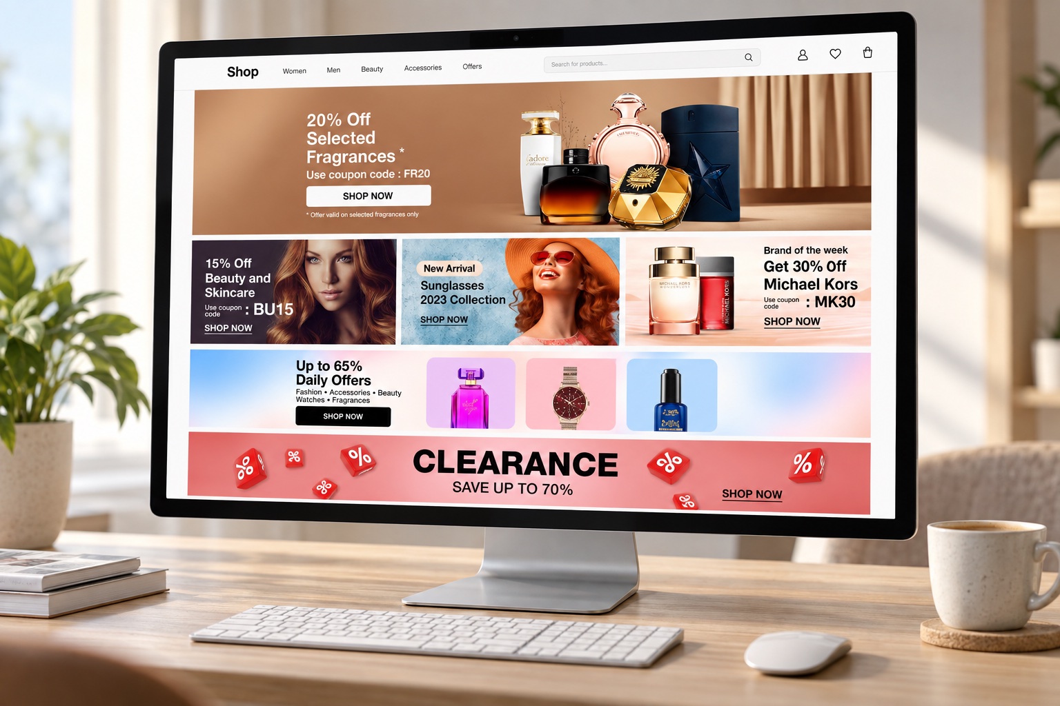 En webbutiks startsida uppbyggd av Skysales-banners på en datorskärm (mockup)