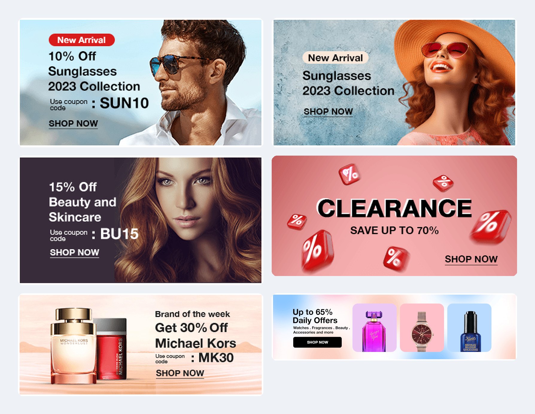 Skysales-banners för solglasögon, skönhet, Michael Kors, utförsäljning och breda erbjudanden