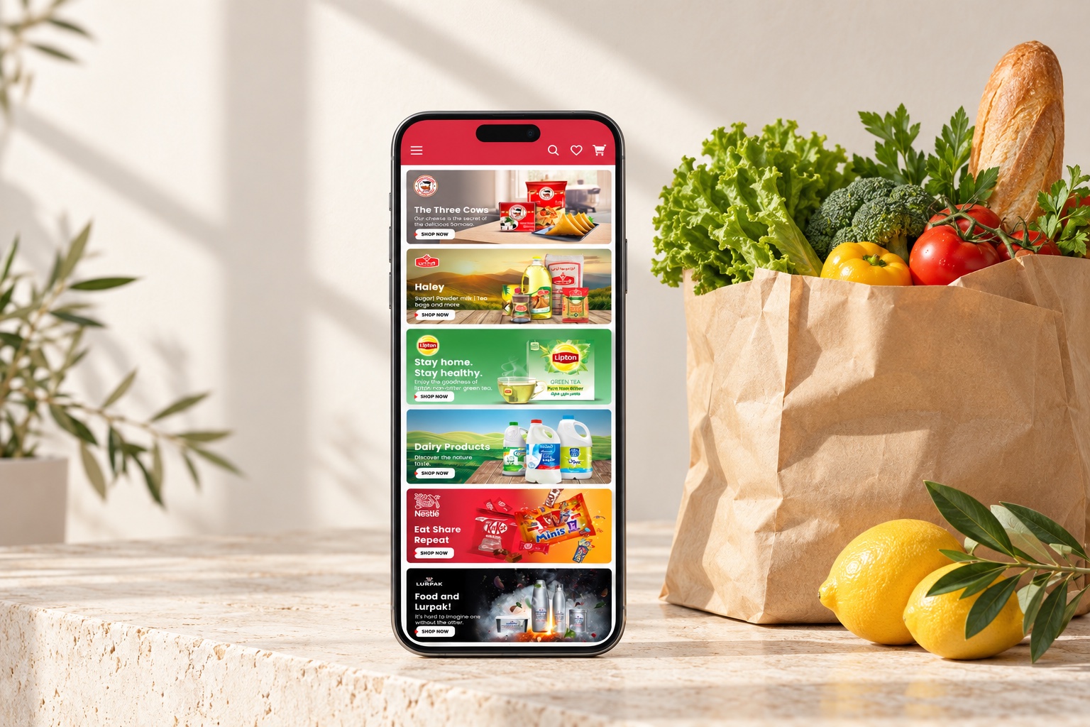 Speedi-appen med in-app-banners på en mobil bredvid en matkasse (mockup)